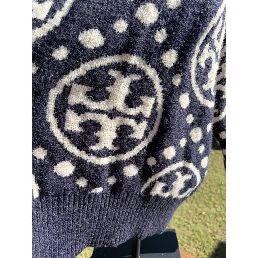 Tory Burch Sport Blue Chunky Knit Wool Blend Logo Sweater Oversized XS Rare - Picture 2 of 6